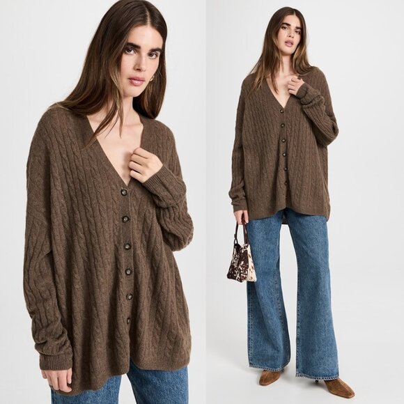 NWT Reformation Giusta Cardigan Sweater Dachshund Brown Cable Knit Cashmere - Picture 1 of 9